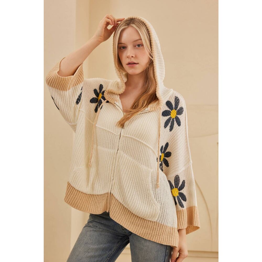 Hooded Floral Crochet Quarter Sleeve Top